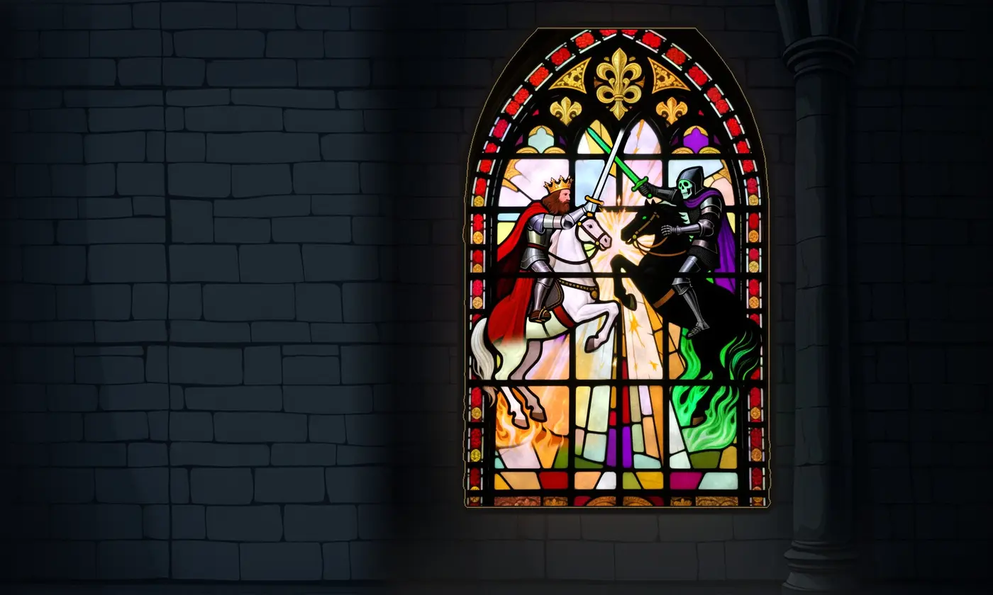 A stained-glass window in a dark stone hall: a crowned knight on a white horse crosses swords with the Death Knight on a black horse wreathed in green flame.